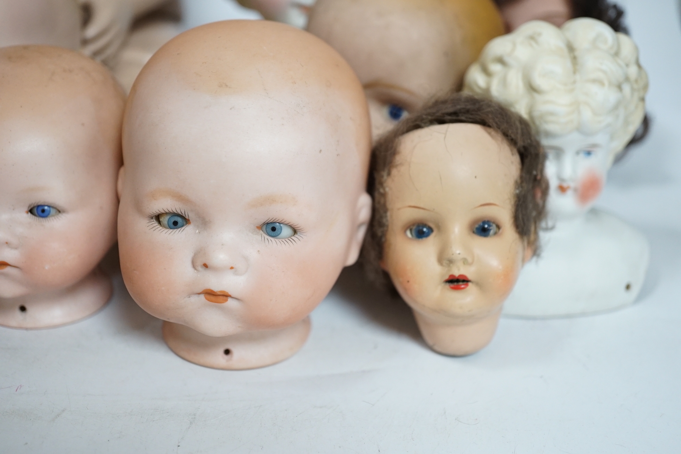 Ten bisque doll's heads and a reproduction Jules Steiner doll